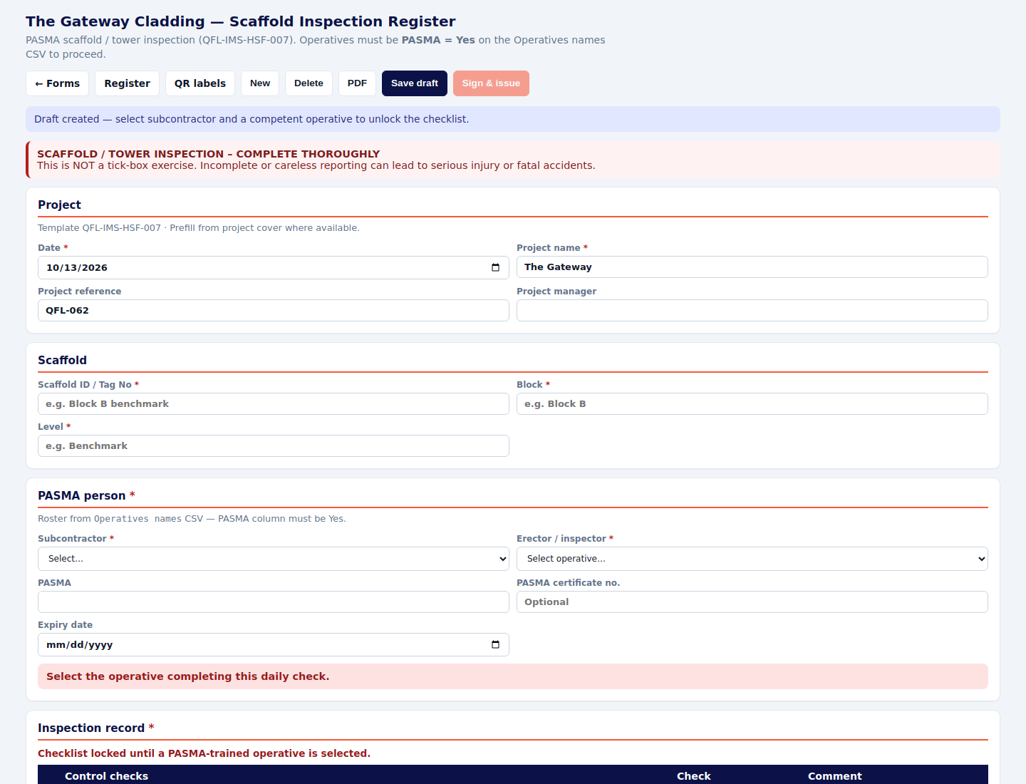 Scaffold inspection register form